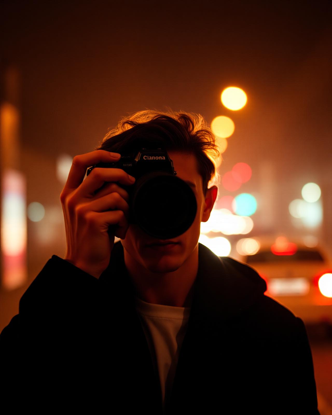 Photographer with camera at night