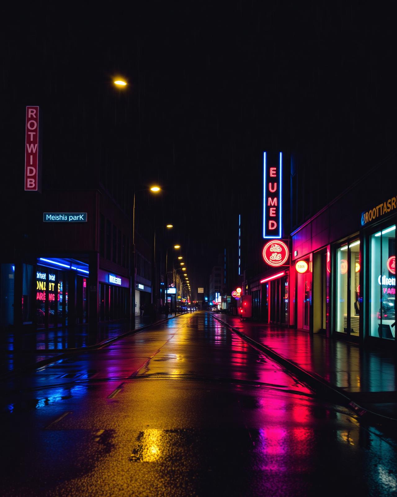 Neon-lit empty street at night